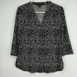 41 Hawthorn Womens Petite Small Pullover Blouse Black White Print 3/4 Slv V-Neck